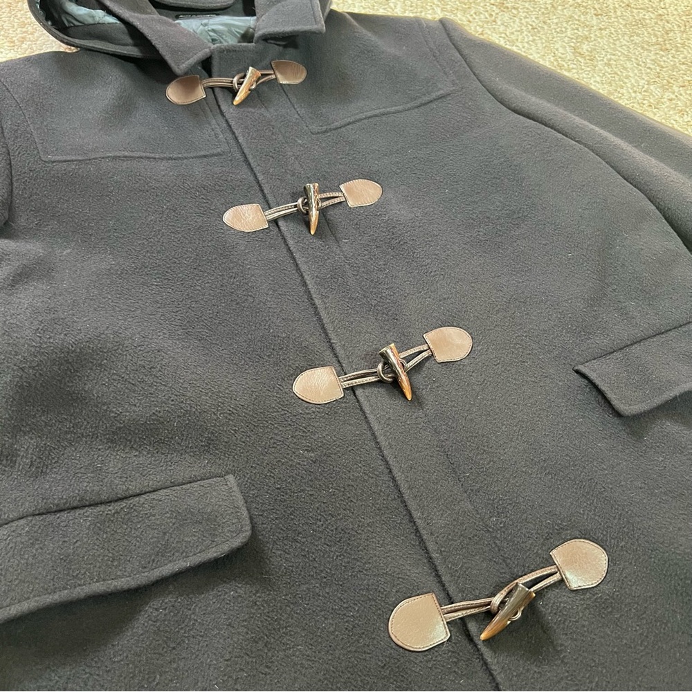 Classic LAUREN: Ralph Lauren BLACK Wool Blend Duffle Coat w Hood & Zipper Sz XL - Picture 3 of 13